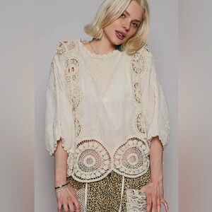 POL One Size Cotton Natural Crochet Embroidered Blouse Boho Beacg